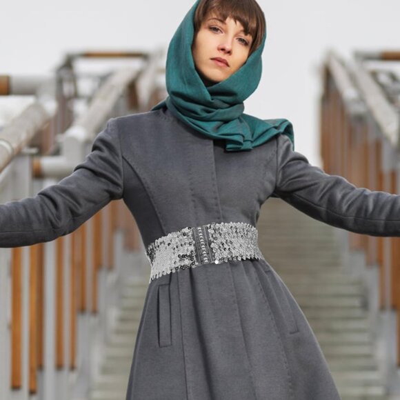 Women's Silver Sequin Belt for 70s 80s Party Costume Wide Waist Elastic Belt - Picture 2 of 9